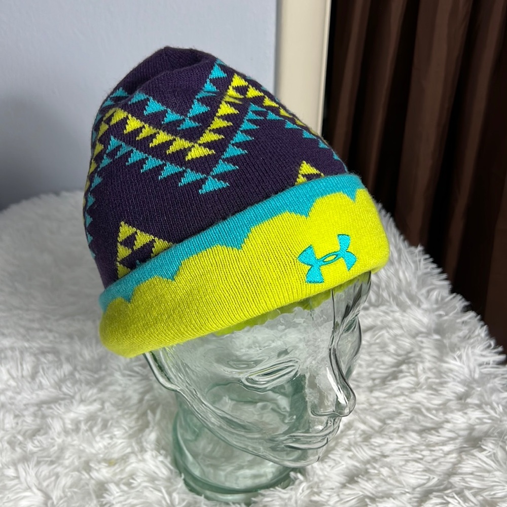 Under Armour Reversible Yellow Purple Turquoise Beanie Ski Winter Cap Toboggan